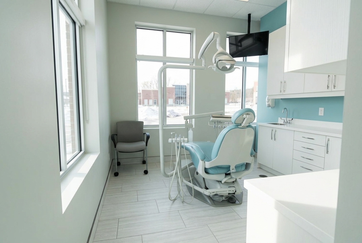 Bright, modern treatment room with teal dental chair at Riverfront Dental in Cambridge, Ontario