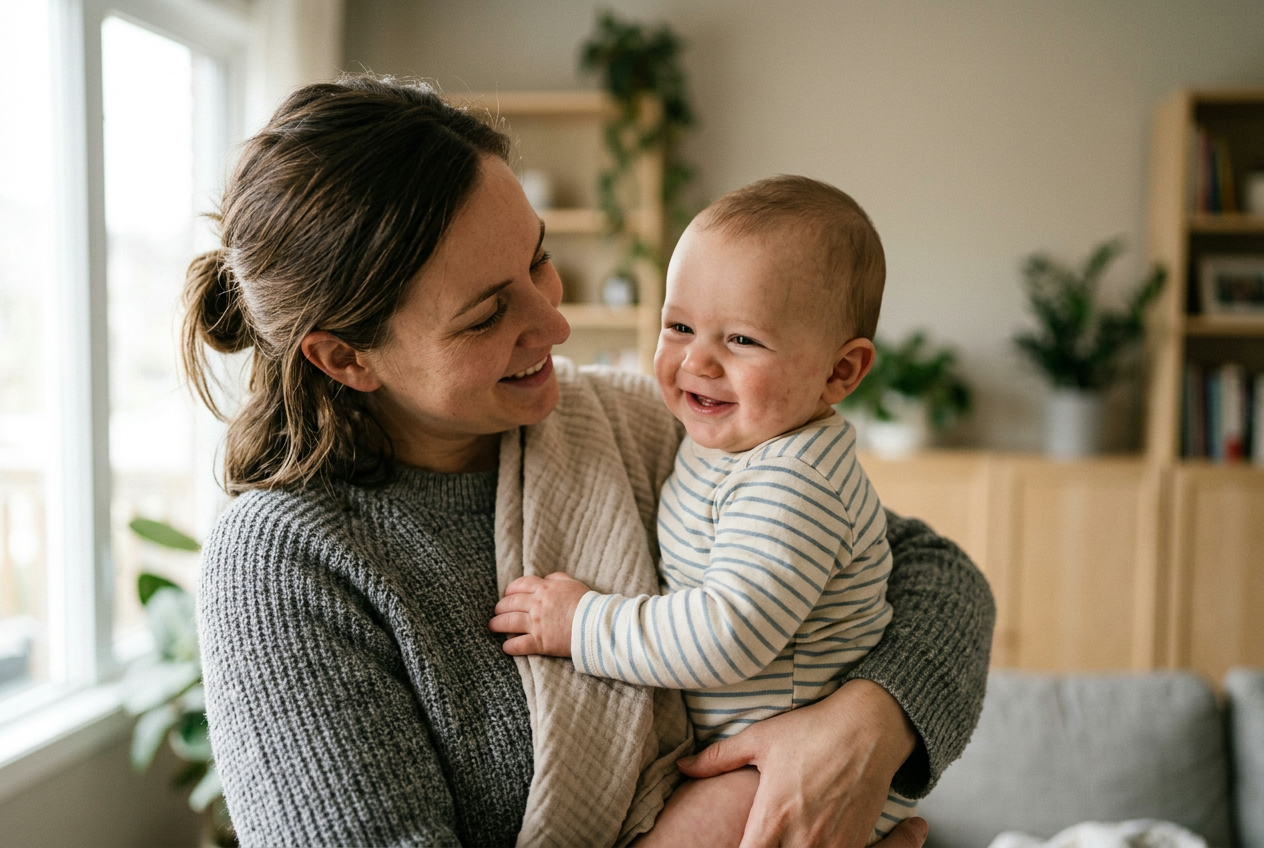 A parent holding a happy, healthy baby