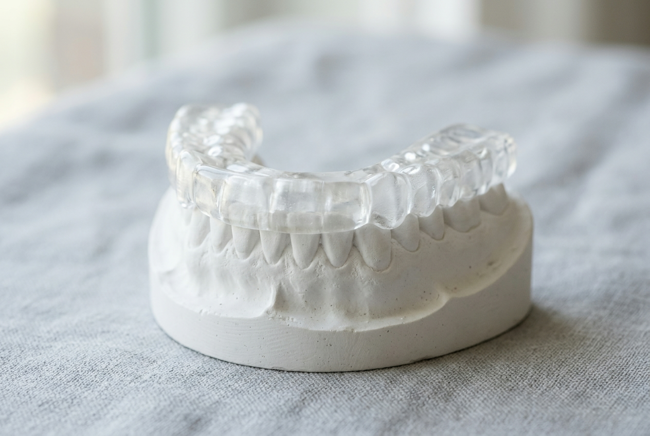 Clear custom dental night guard on a dental model