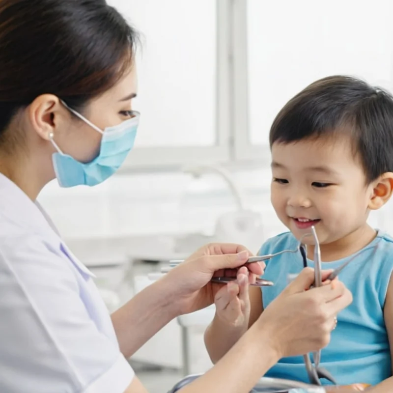 Dentist showing dental tools to a young child during a pediatric dental visit at Riverfront Dental in Cambridge Ontario